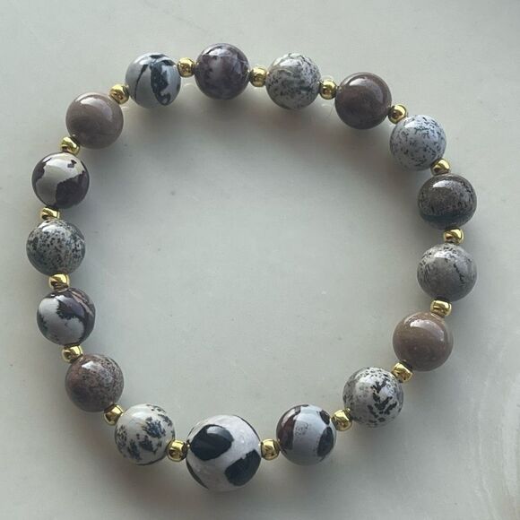 Hand crafted picture Jasper cow print stone crystal ONE NEW stretch bracelet - Picture 8 of 9